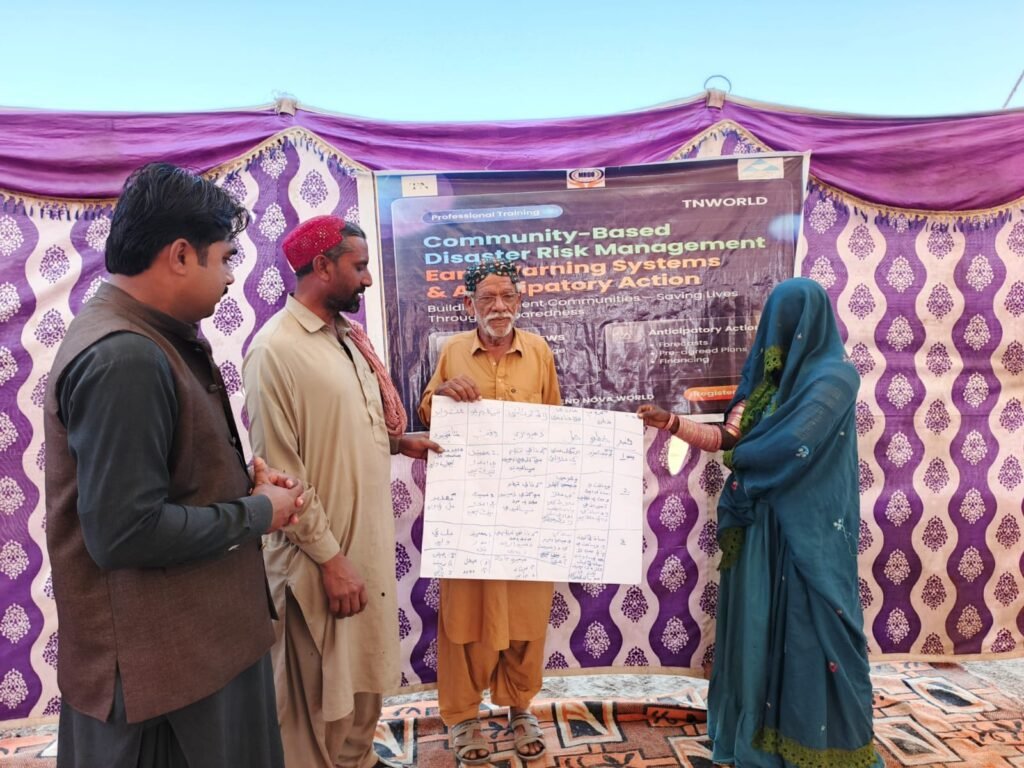 Trend Nova World Development Sector team conducting an early warning and anticipatory action awareness session with community members, engaging participants in discussions on disaster risk preparedness, early warning systems, and proactive response measures in a local community setting.