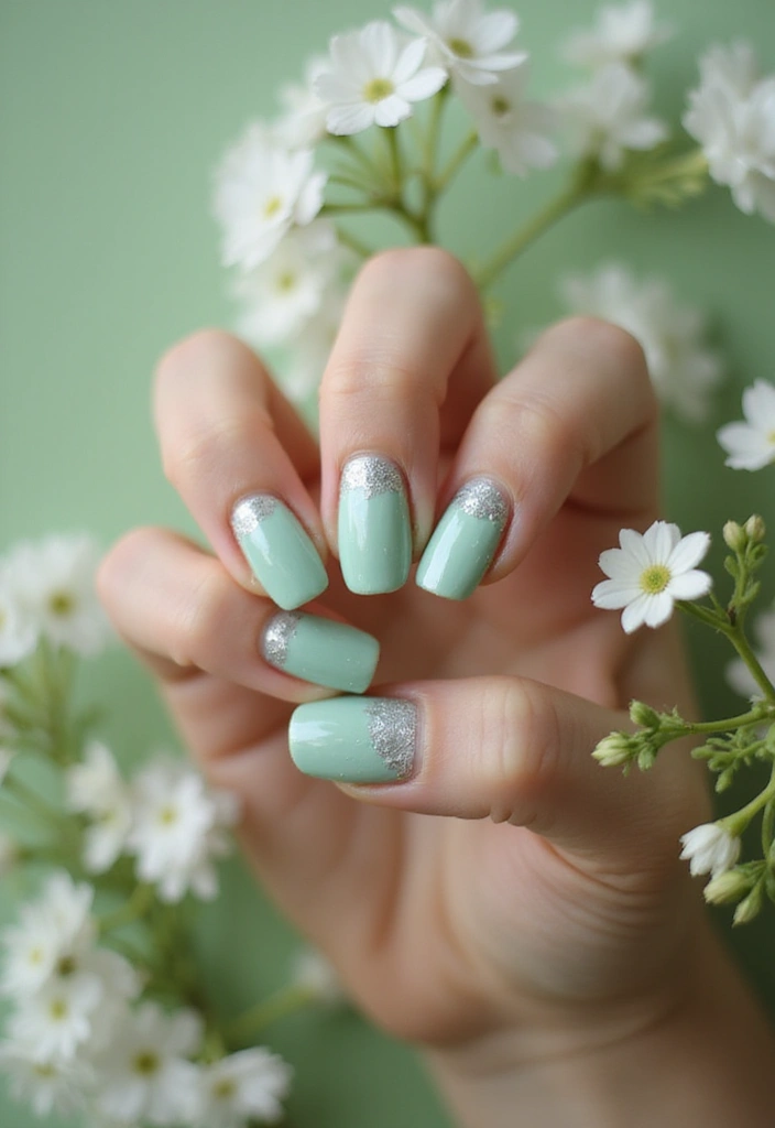 20 Bold French Nail Color Combinations You Need to Try Now (Don’t Miss #7!) - 13. Mint Green and Silver Sparkle
