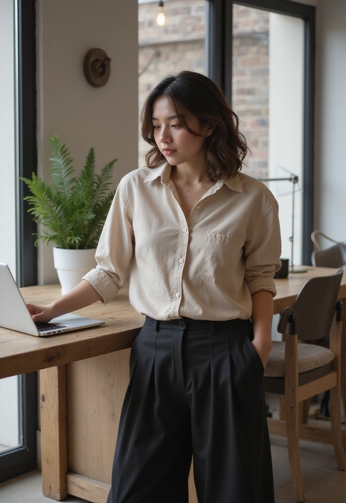 20 Comfy Work-from-Home Outfits That’ll Keep You Productive and Stylish! - 13. Relaxed Fit Button-Up and Wide Pants
