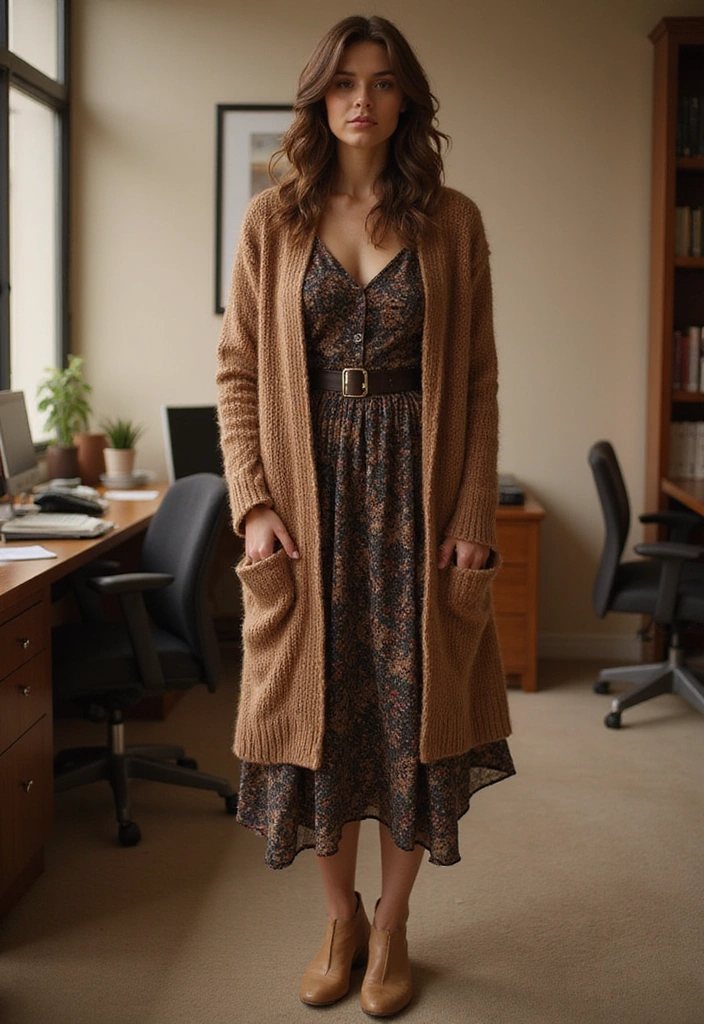 12 Stylish Workwear Outfits That’ll Make You the Office Trendsetter (Say Goodbye to Boring!) - 2. Chic Midi Dress with a Cardigan