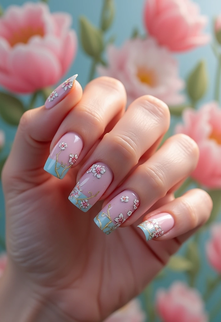 19 Pastel French Tip Nail Designs You Need to Try This Spring! - 14. Delicate Floral Accents