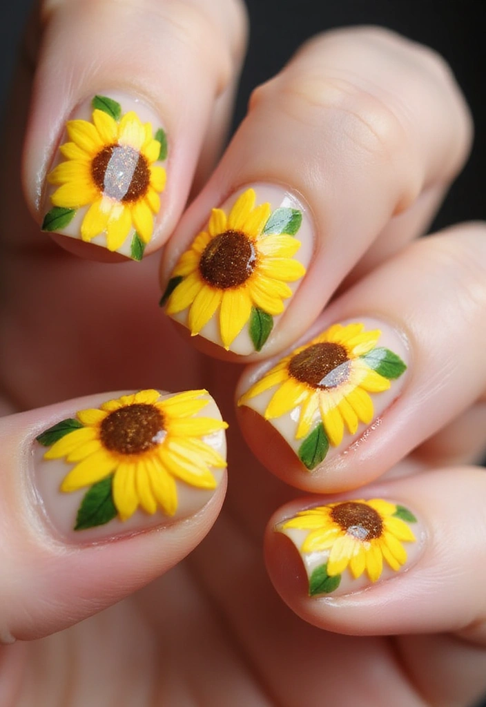 16 Easy Step-by-Step Summer Nails 2025 Tutorials That Anyone Can Master! (Watch Out for #4!) - 15. Sunflower Nail Art