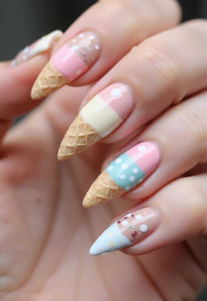 16 Easy Step-by-Step Summer Nails 2025 Tutorials That Anyone Can Master! (Watch Out for #4!) - 9. Ice Cream Cone Nail Art