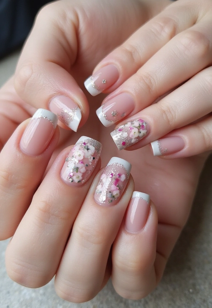 16 Sparkly Glitter French Tips That Will Make You Shine Bright! - 9. Glitter French Tips with Floral Accents