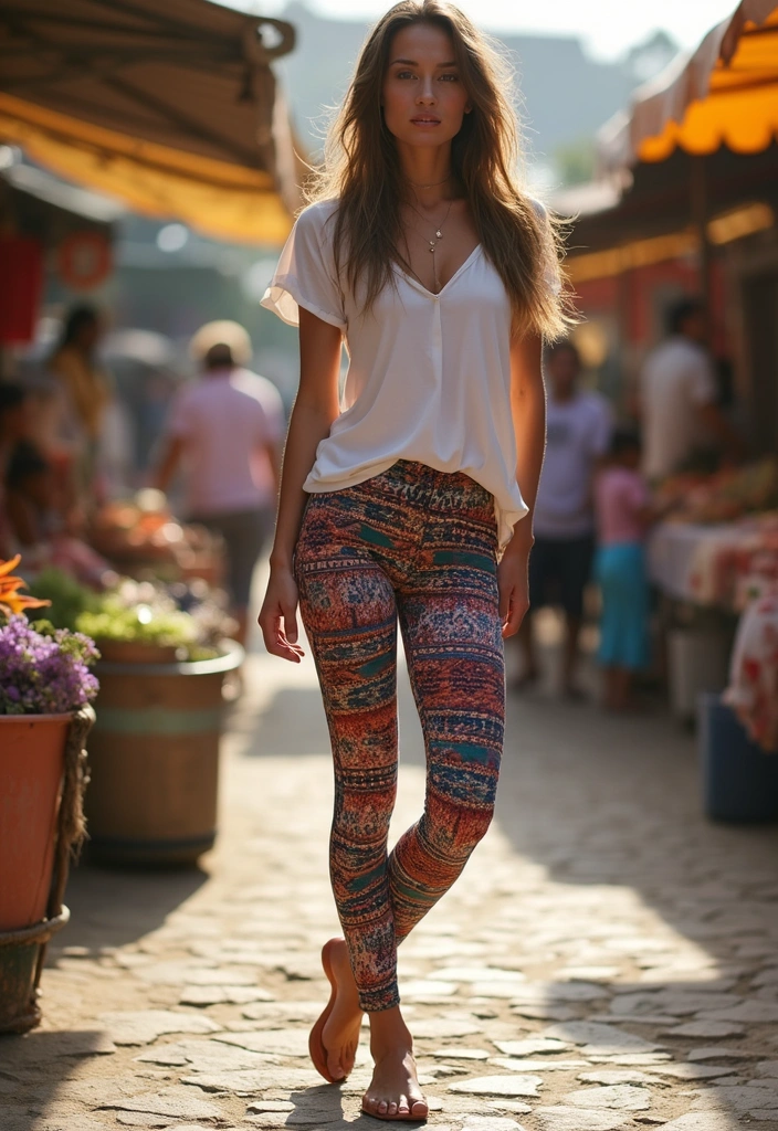 15 Athleisure Outfits That Perfectly Blend Comfort and Style (You’ll Want to Copy #3!) - 9. Printed Leggings with Simple Tops