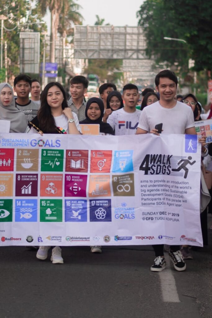 Young adults participating in a march to promote awareness of the UN Sustainable Development Goals.